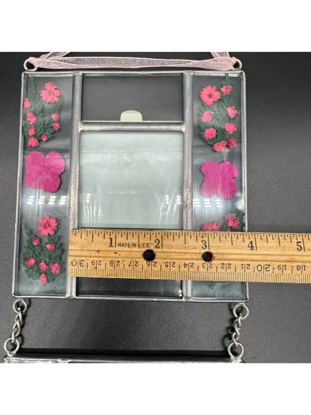 Vintage Hanging Picture Frames Pink Pressed Flowers Pewter Double Photos Cottage